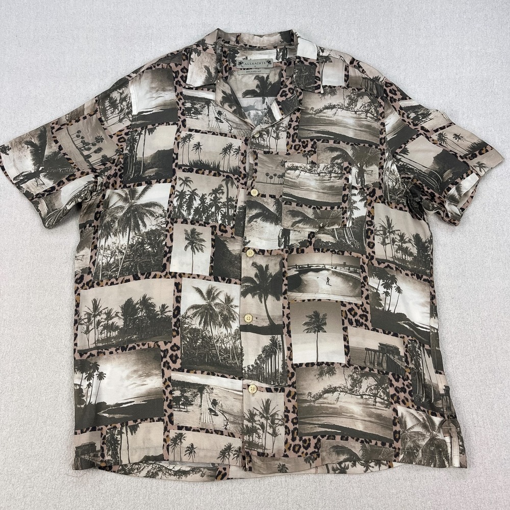 Allsaints Foto Camp Shirt Mens M Beige/Gray Loop Collar Viscose Rayon Palm Trees